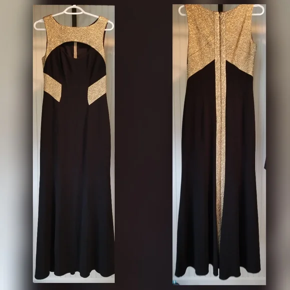 theia black and gold dress Medium Theia Black Party Dress Sheer Mesh Sleeveless Gold Sequin Mini –  Style & Salvage main image 1